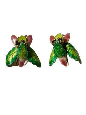 Vintage Green Leaf Floral Lily Sterling Silver Gold Vermeil Enamel Earrings
